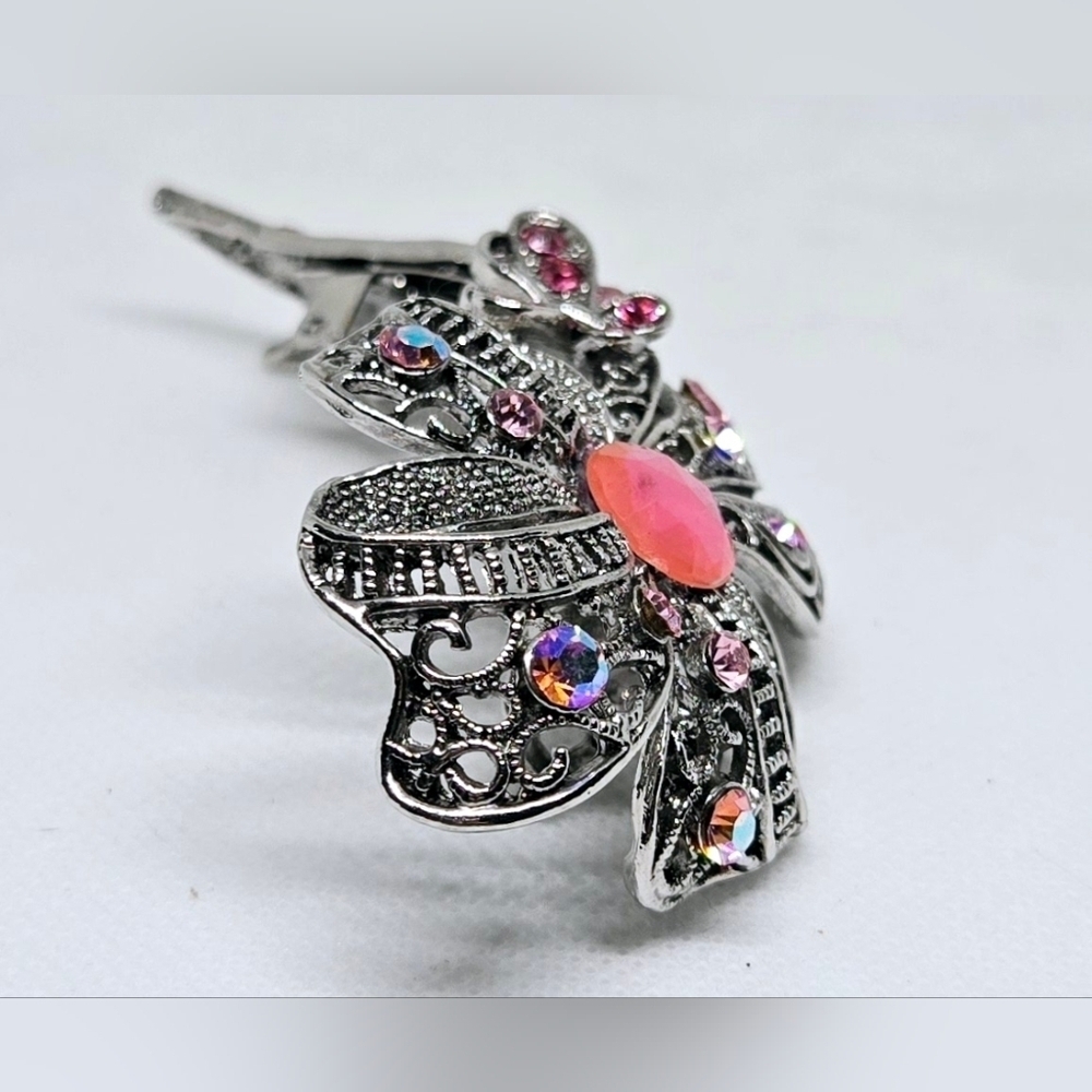 Vintage Silver & Pink Jeweled Hair Barrette – Victorian Style Accessory - Picture 6 of 8